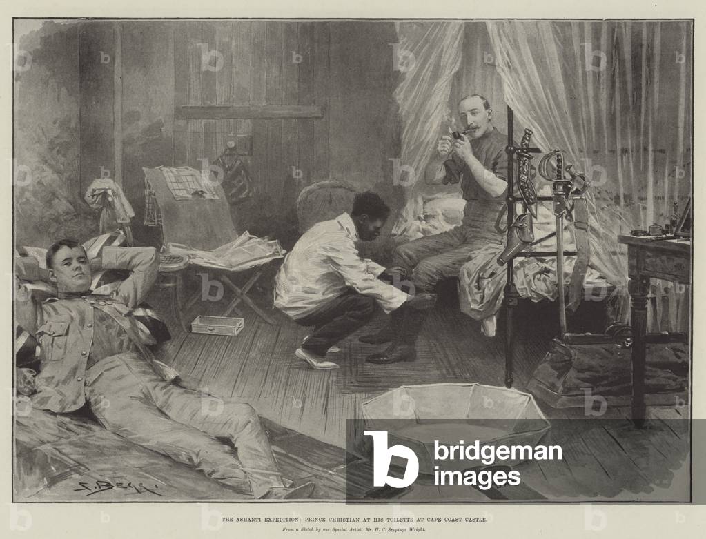 The Ashanti Expedition, Prince Christian at his Toilette at Cape Coast Castle (litho)