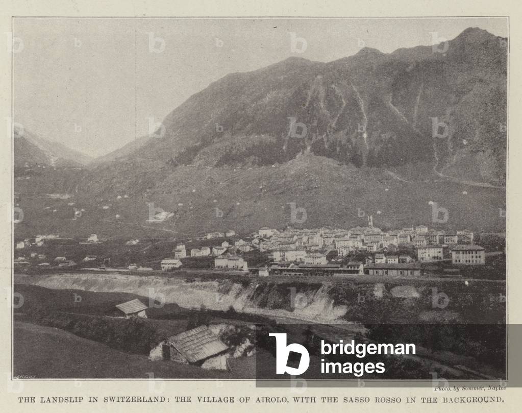 The Landslip in Switzerland, the Village of Airolo, with the Sasso Rosso in the Background (b/w photo)