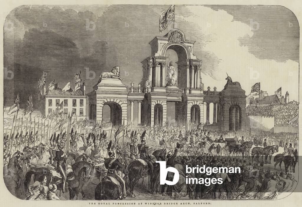 Royal Visit to Manchester, the Royal Procession at Windsor Bridge Arch, Salford (engraving)