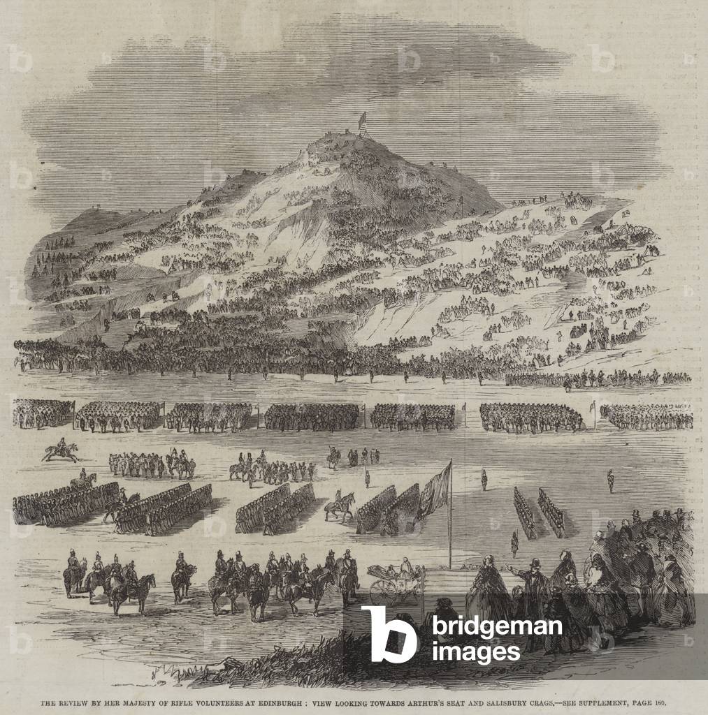 The Review by Her Majesty of Rifle Volunteers at Edinburgh, View looking towards Arthur's Seat and Salisbury Crags (engraving)