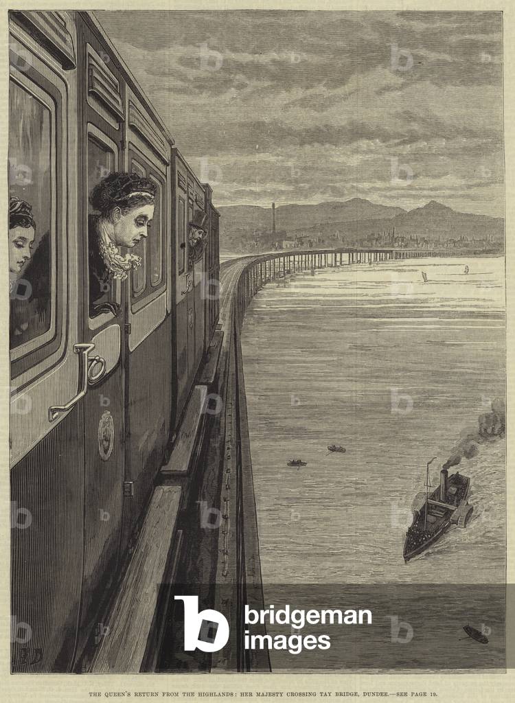 The Queen's Return from the Highlands, Her Majesty crossing Tay Bridge, Dundee (engraving)