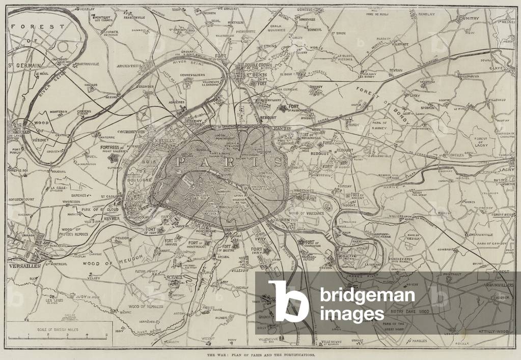 The War, Plan of Paris and the Fortifications (engraving)