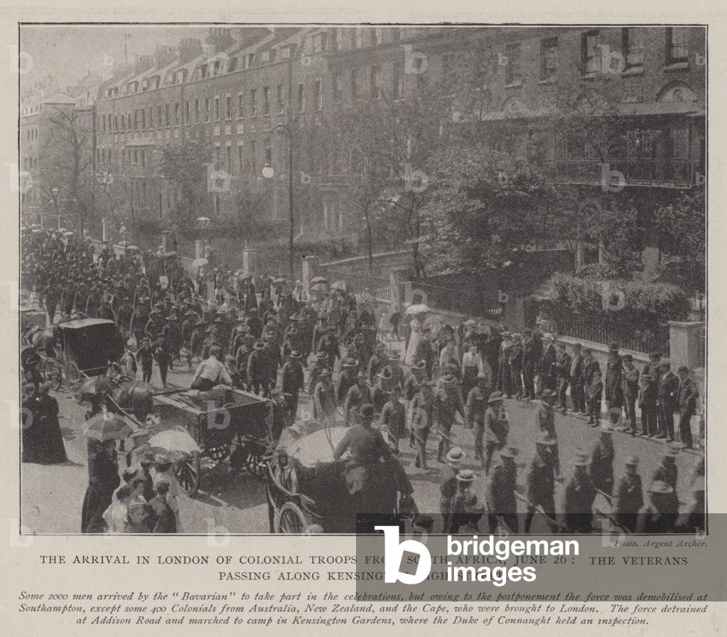 The Arrival in London of Colonial Troops from South Africa, 26 June, the Veterans passing along Kensington High Street (b/w photo)