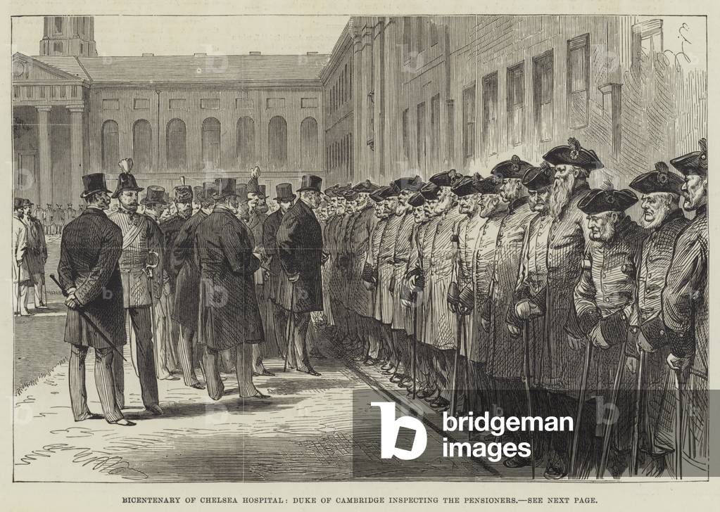 Bicentenary of Chelsea Hospital, Duke of Cambridge inspecting the Pensioners (engraving)