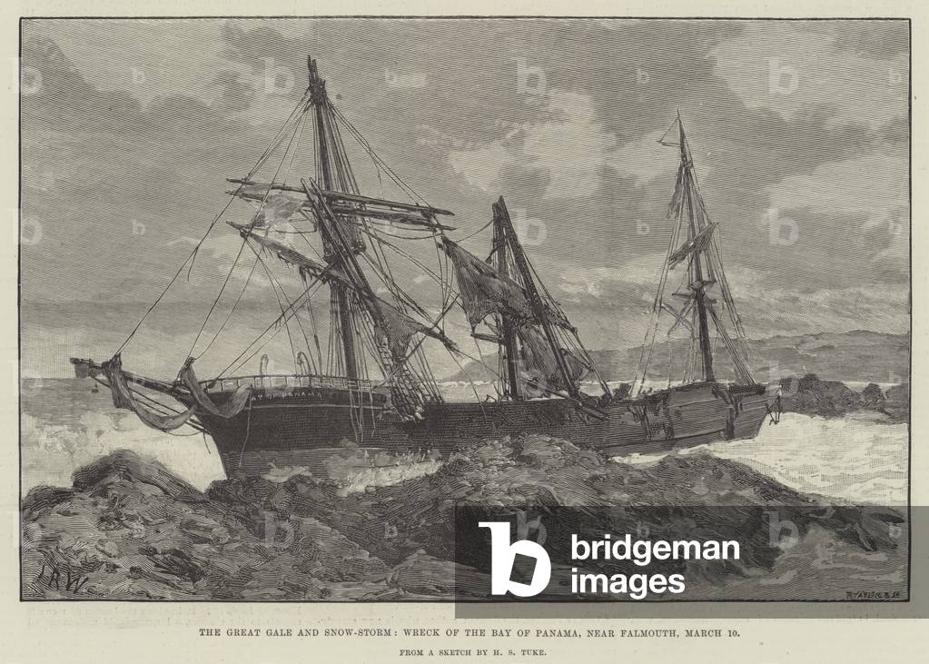 The Great Gale and Snow-Storm, Wreck of the Bay of Panama, near Falmouth, 10 March (engraving)