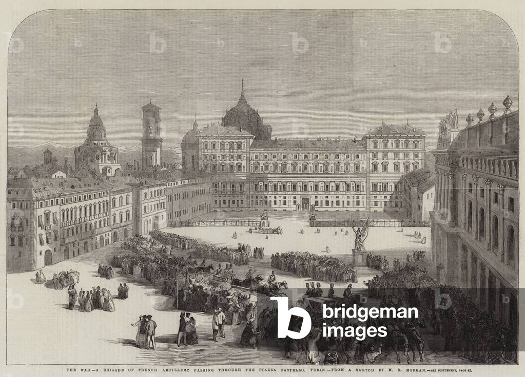 The War, a Brigade of French Artillery passing through the Piazza Castello, Turin (engraving)
