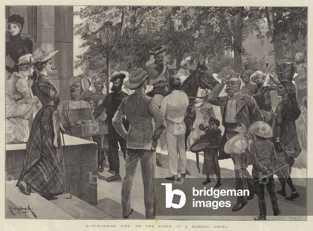 Anglo-Indian Life, on the Steps of a Bombay Hotel (engraving)