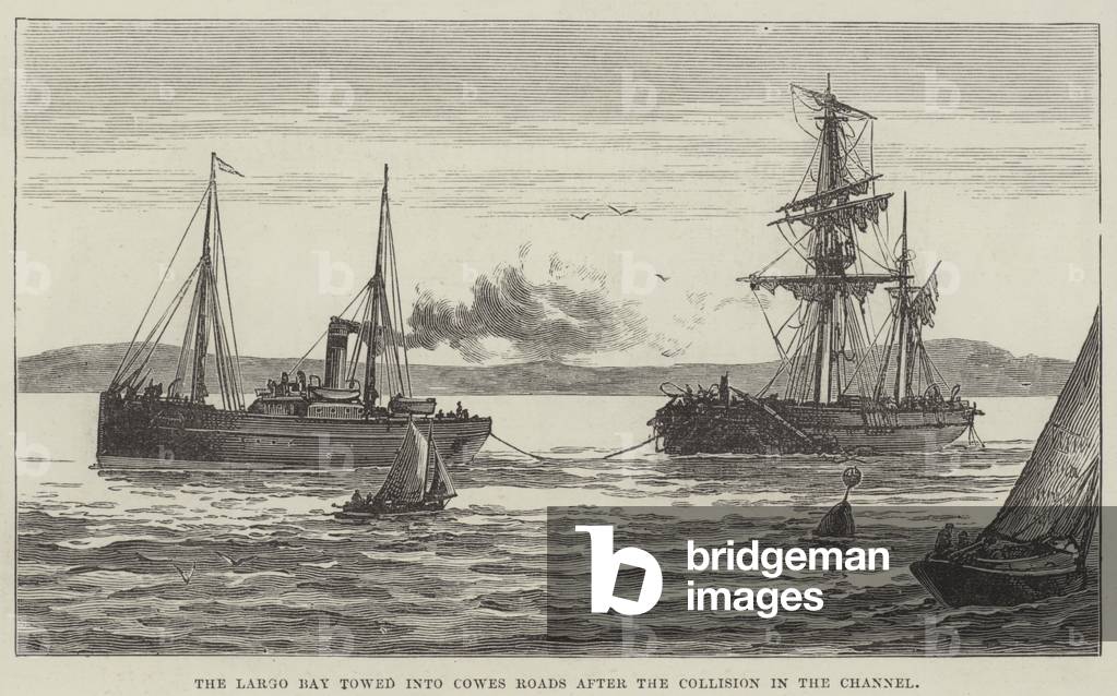 The Largo Bay towed into Cowes Roads after the Collision in the Channel (engraving)