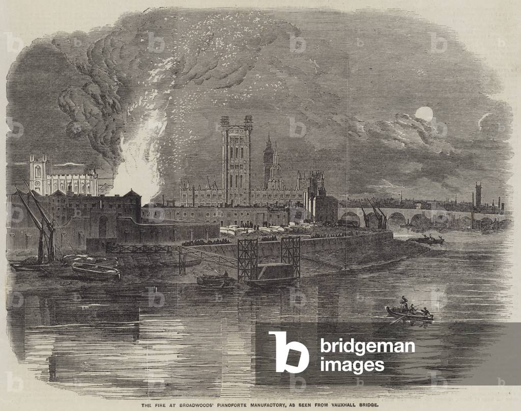 The Fire at Broadwoods' Pianoforte Manufactory, as seen from Vauxhall Bridge (engraving)