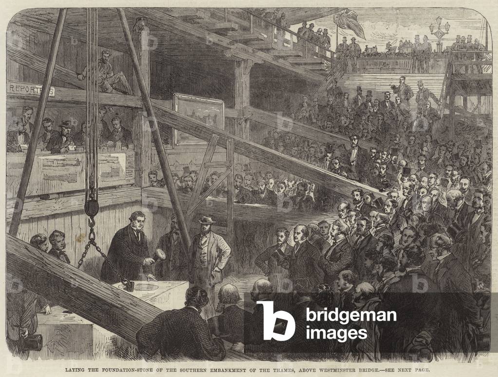 Laying the Foundation-Stone of the Southern Embankment of the Thames, above Westminster Bridge (engraving)