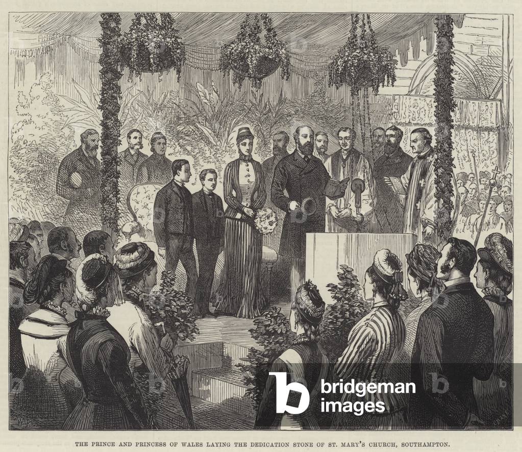 The Prince and Princess of Wales laying the Dedication Stone of St Mary's Church, Southampton (engraving)