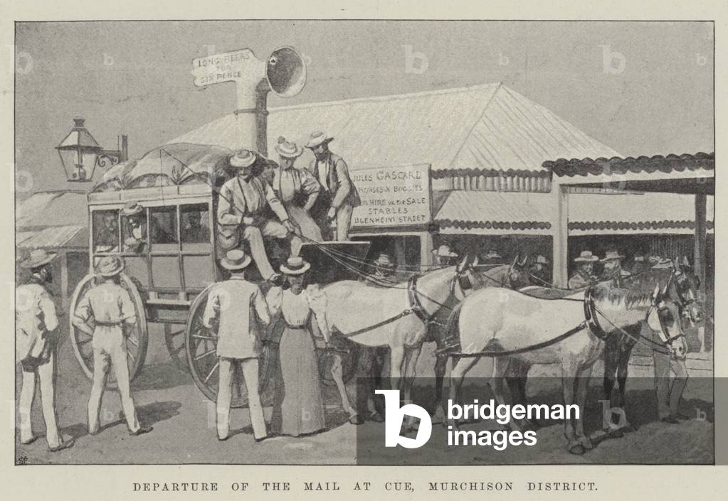 Departure of the Mail at Cue, Murchison District (litho)