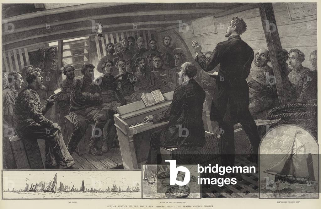 Sunday Service in the North Sea Fishing Fleet, the Thames Church Mission (engraving)