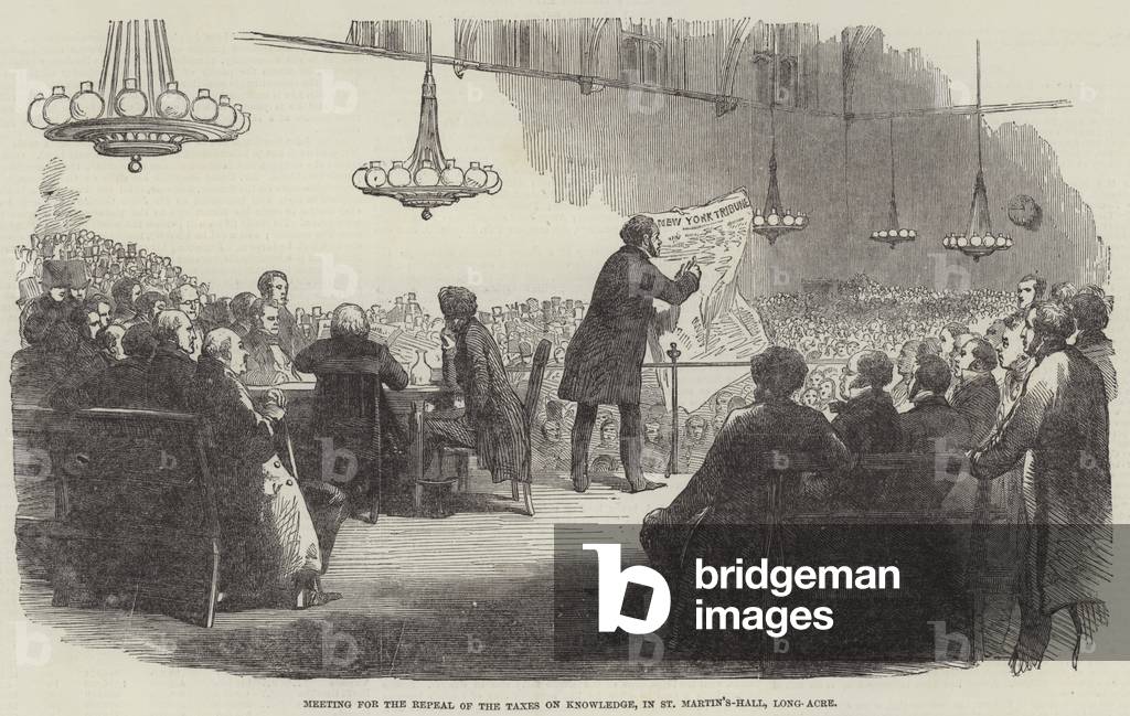 Meeting for the Repeal of the Taxes on Knowledge, in St Martin's-Hall, Long-Acre (engraving)
