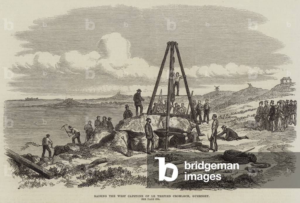 Raising the West Capstone of Le Trepied Cromlech, Guernsey (engraving)