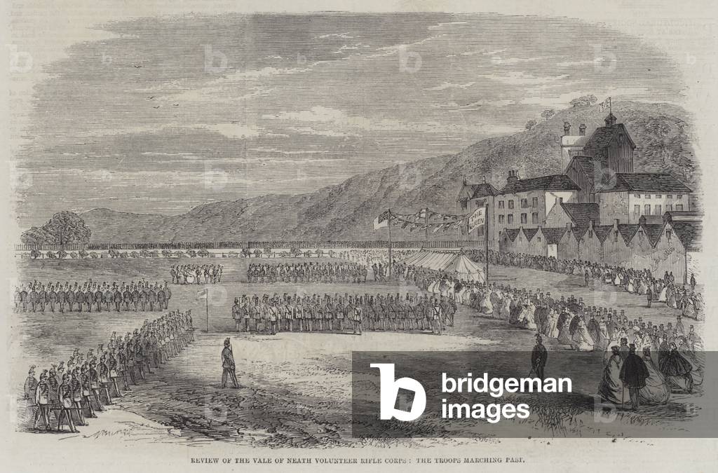 Review of the Vale of Neath Volunteer Rifle Corps, the Troops Marching Past (engraving)