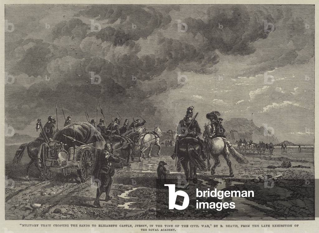 Military Train crossing the Sands to Elizabeth Castle, Jersey, in the Time of the Civil War (engraving)