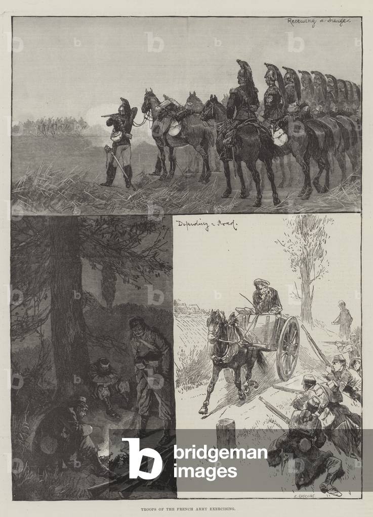 Troops of the French Army exercising (engraving)