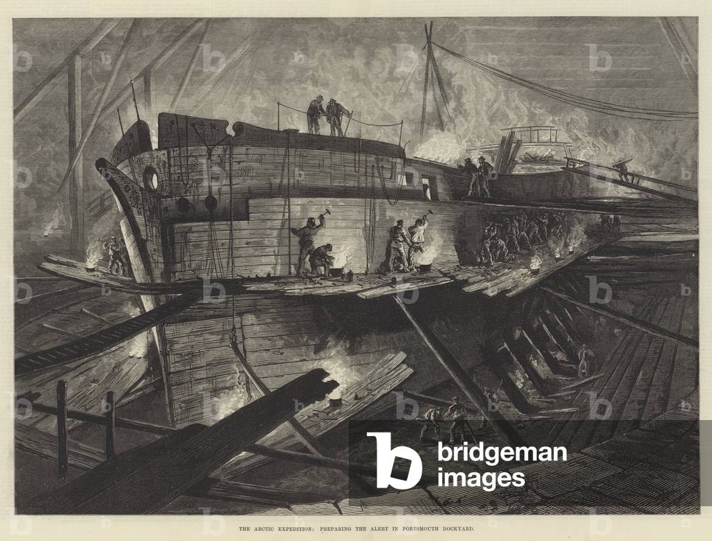 The Arctic Expedition, preparing the Alert in Portsmouth Dockyard (engraving)
