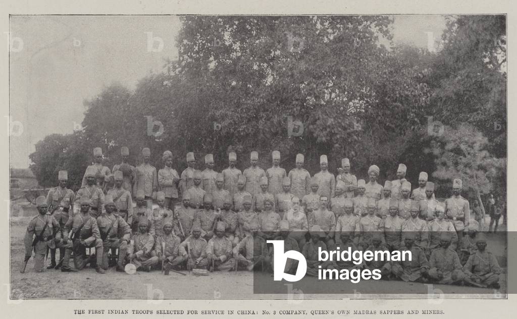 The First Indian Troops selected for Service in China, No 3 Company, Queen's Own Madras Sappers and Miners (b/w photo)