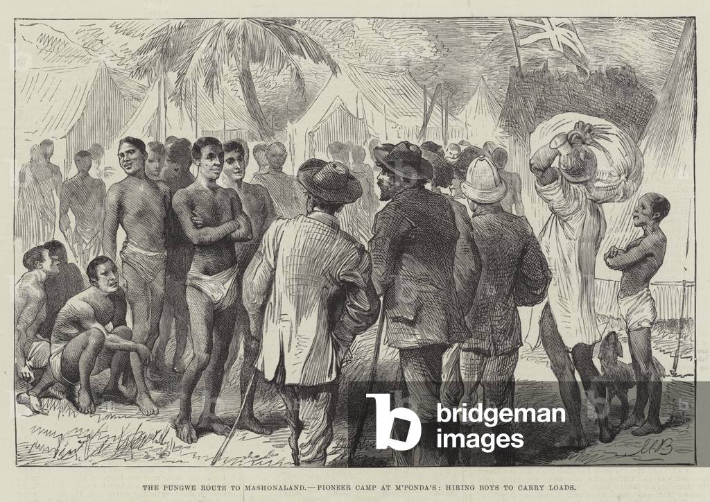 The Pungwe Route to Mashonaland, Pioneer Camp at M'Ponda's, hiring Boys to carry Loads (engraving)