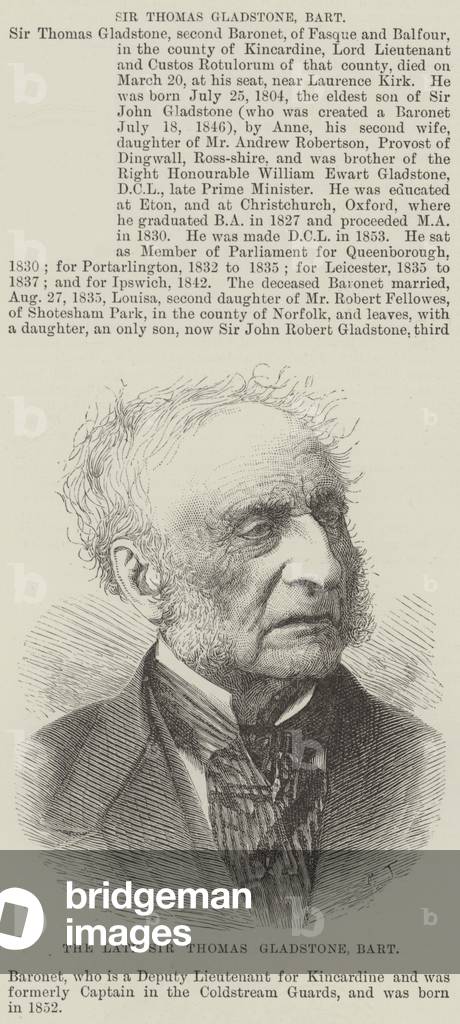 The late Sir Thomas Gladstone, Baronet (engraving)