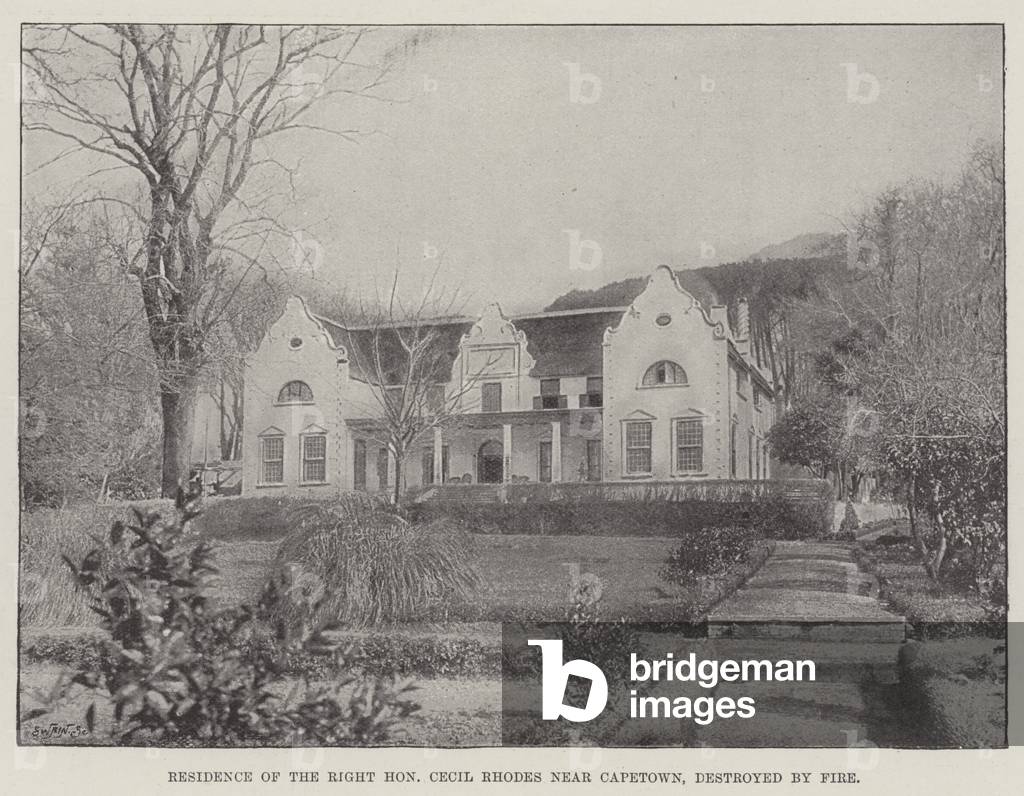 Residence of the Right Honourable Cecil Rhodes near Capetown, destroyed by Fire (engraving)