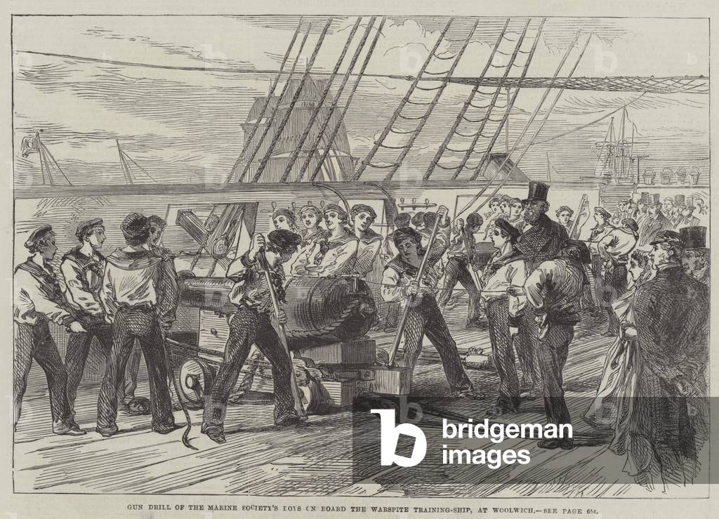 Gun Drill of the Marine Society's Boys on Board the Warspite Training-Ship, at Woolwich (engraving)