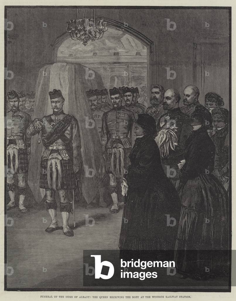 Funeral of the Duke of Albany, the Queen receiving the Body at the Windsor Railway Station (engraving)