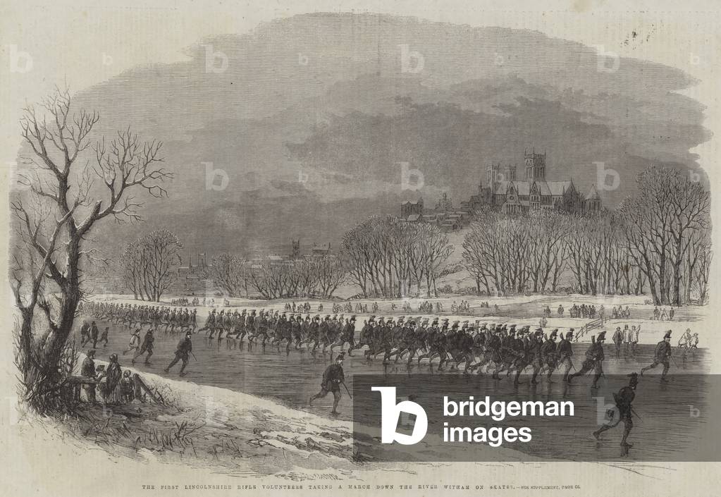 The First Lincolnshire Rifle Volunteers taking a March down the River Witham on Skates (engraving)