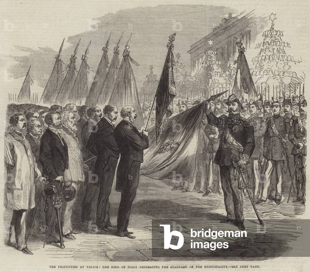 The Festivities at Venice, the King of Italy decorating the Standard of the Municipality (engraving)