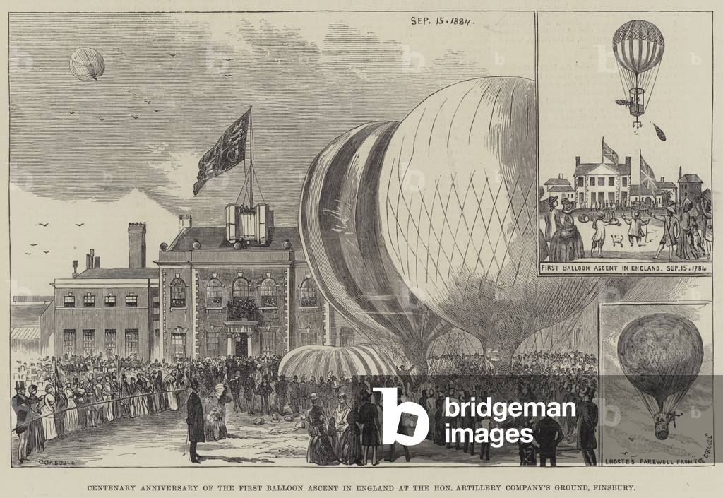 Centenary Anniversary of the First Balloon ascent in England at the Honorable Artillery Company's Ground, Finsbury (engraving)