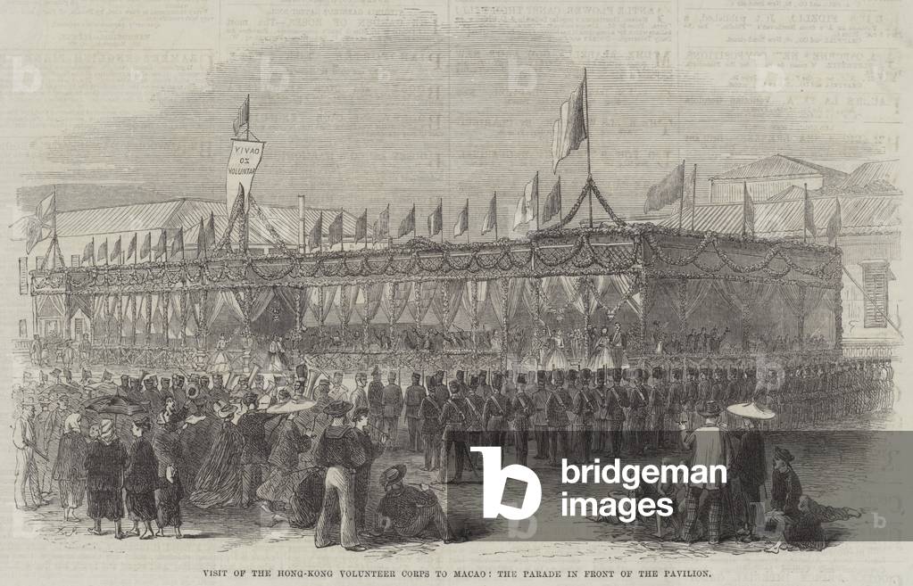 Visit of the Hong-Kong Volunteer Corps to Macao, the Parade in front of the Pavilion (engraving)