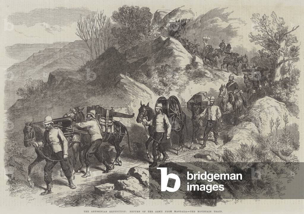 The Abyssinian Expedition, return of the Army from Magdala, the Mountain Train (engraving)