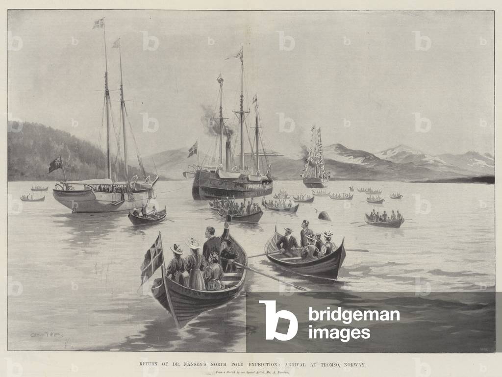 Return of Dr Nansen's North Pole Expedition, Arrival at Tromso, Norway (litho)