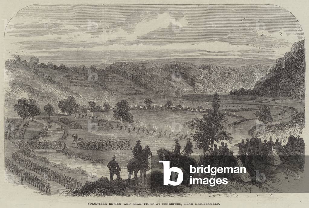Volunteer Review and Sham Fight at Somerford, near Macclesfield (engraving)