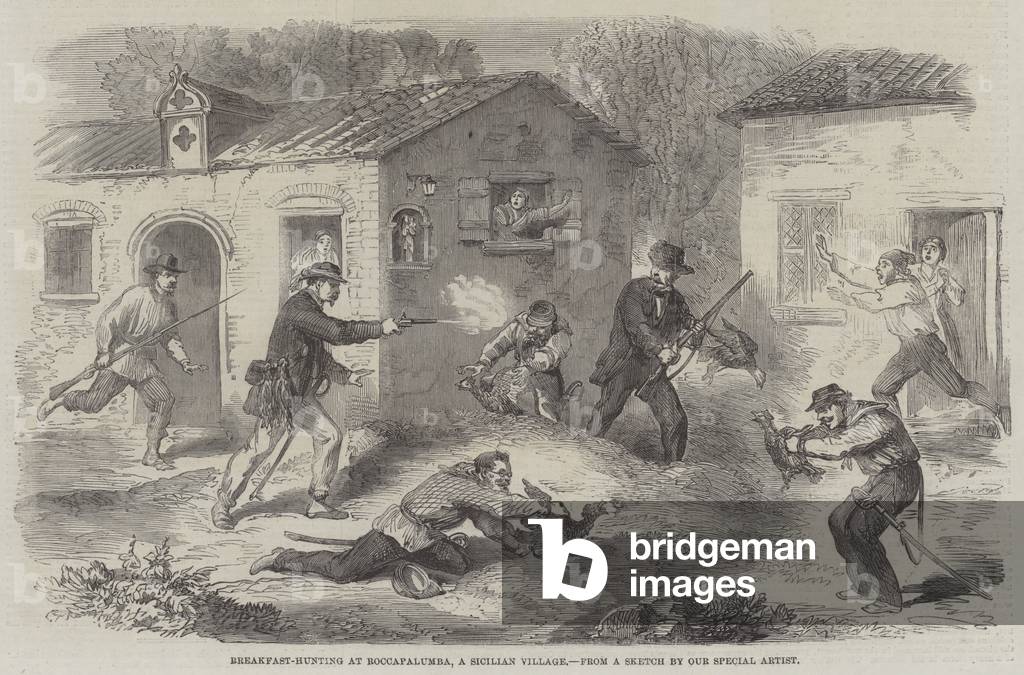Breakfast-Hunting at Roccapalumba, a Sicilian Village (engraving)