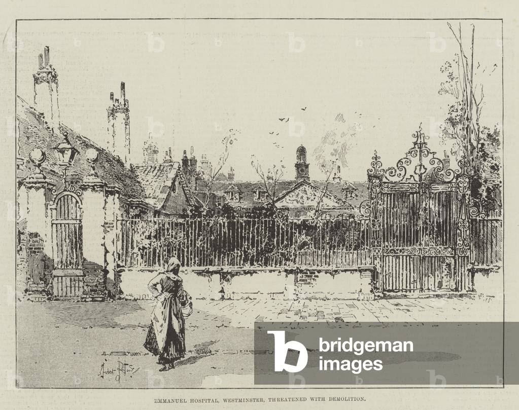 Emmanuel Hospital, Westminster, threatened with Demolition (engraving)