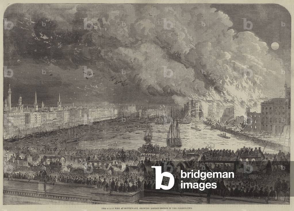 The Great Fire at Southwark, showing London-Bridge in the Foreground (engraving)