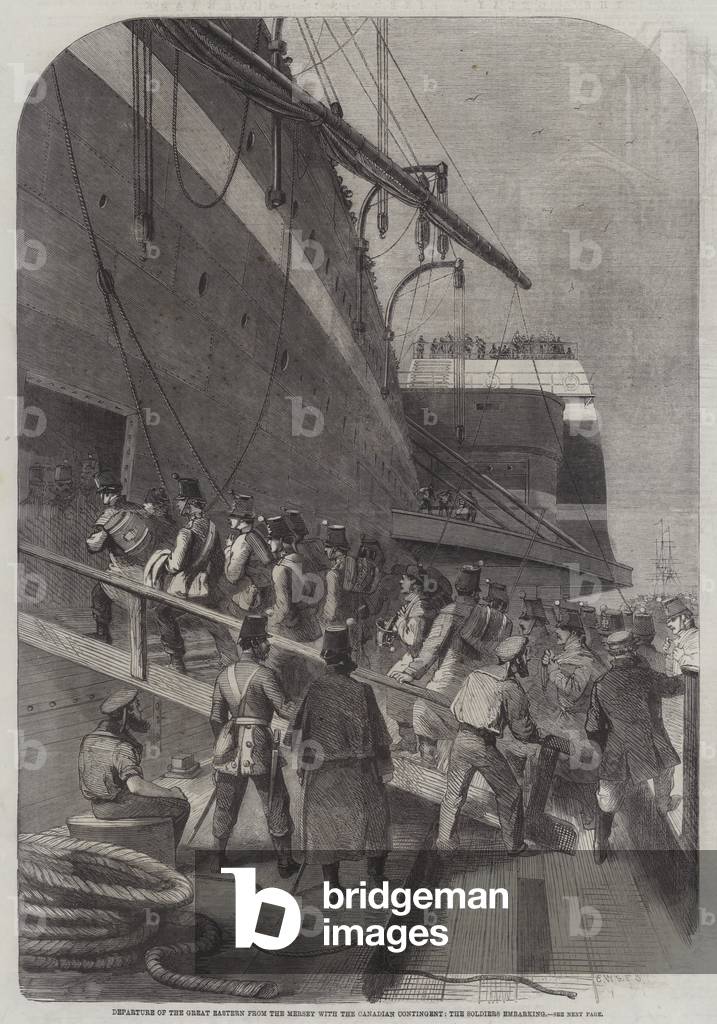 Departure of the Great Eastern from the Mersey with the Canadian Contingent, the Soldiers embarking (engraving)