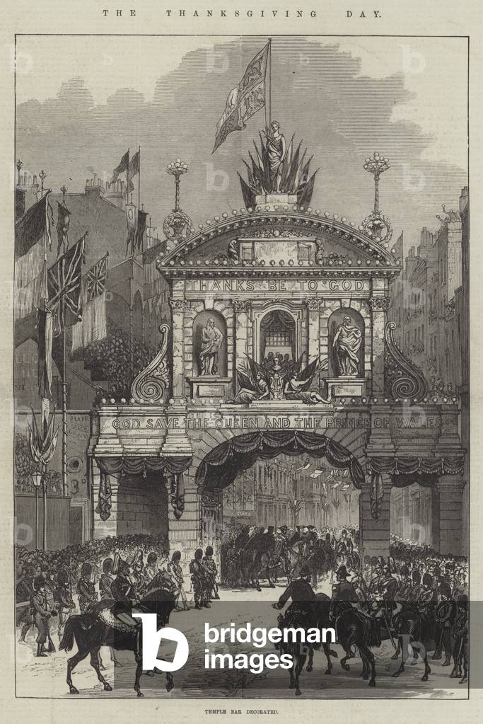 The Thanksgiving Day, Temple Bar decorated (engraving)