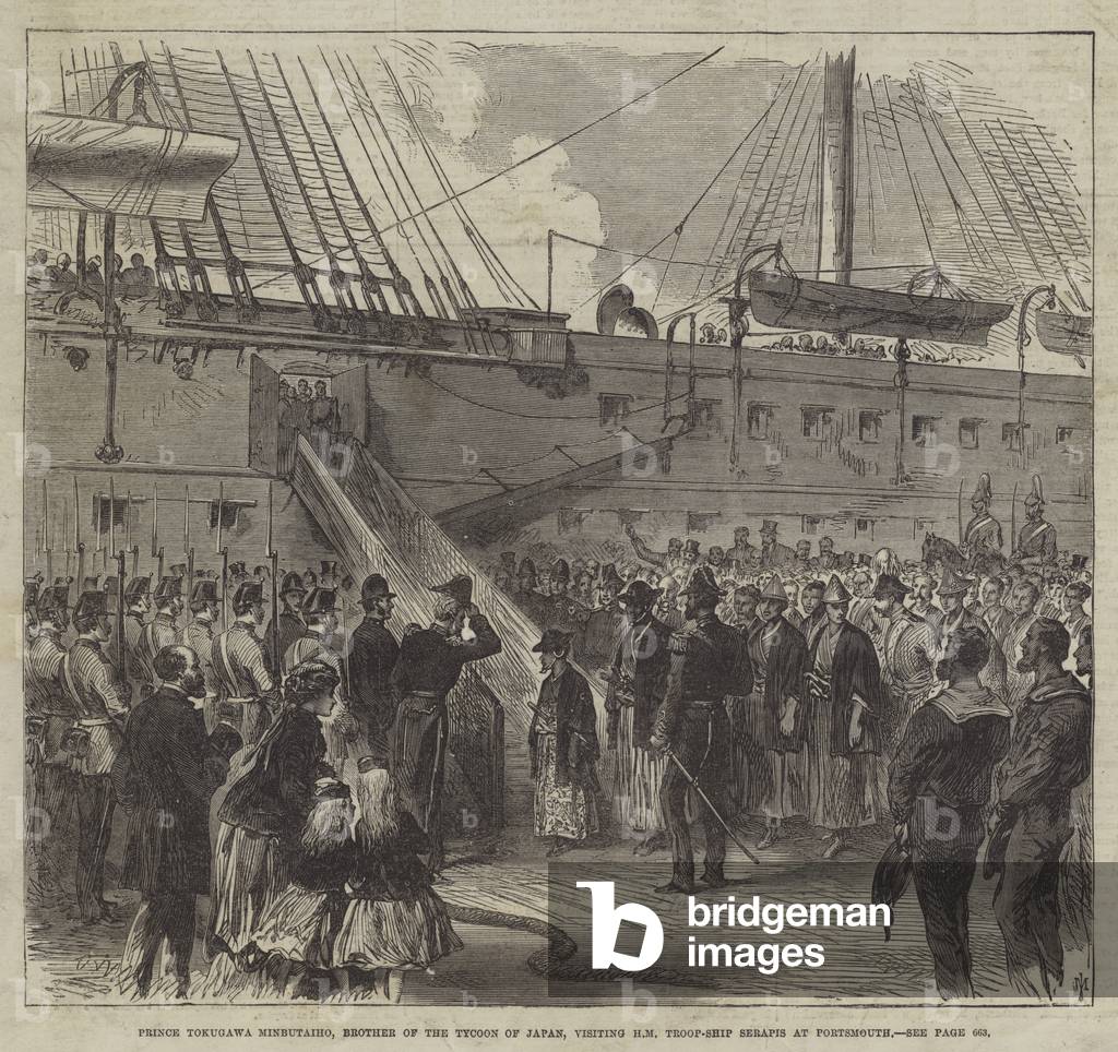 Prince Tokugawa Minbutaiho, Brother of the Tycoon of Japan, visiting HM Troop-Ship Serapis at Portsmouth (engraving)