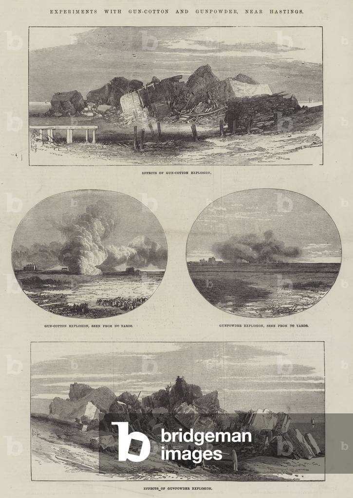 Experiments with Gun-Cotton and Gunpowder, near Hastings (engraving)