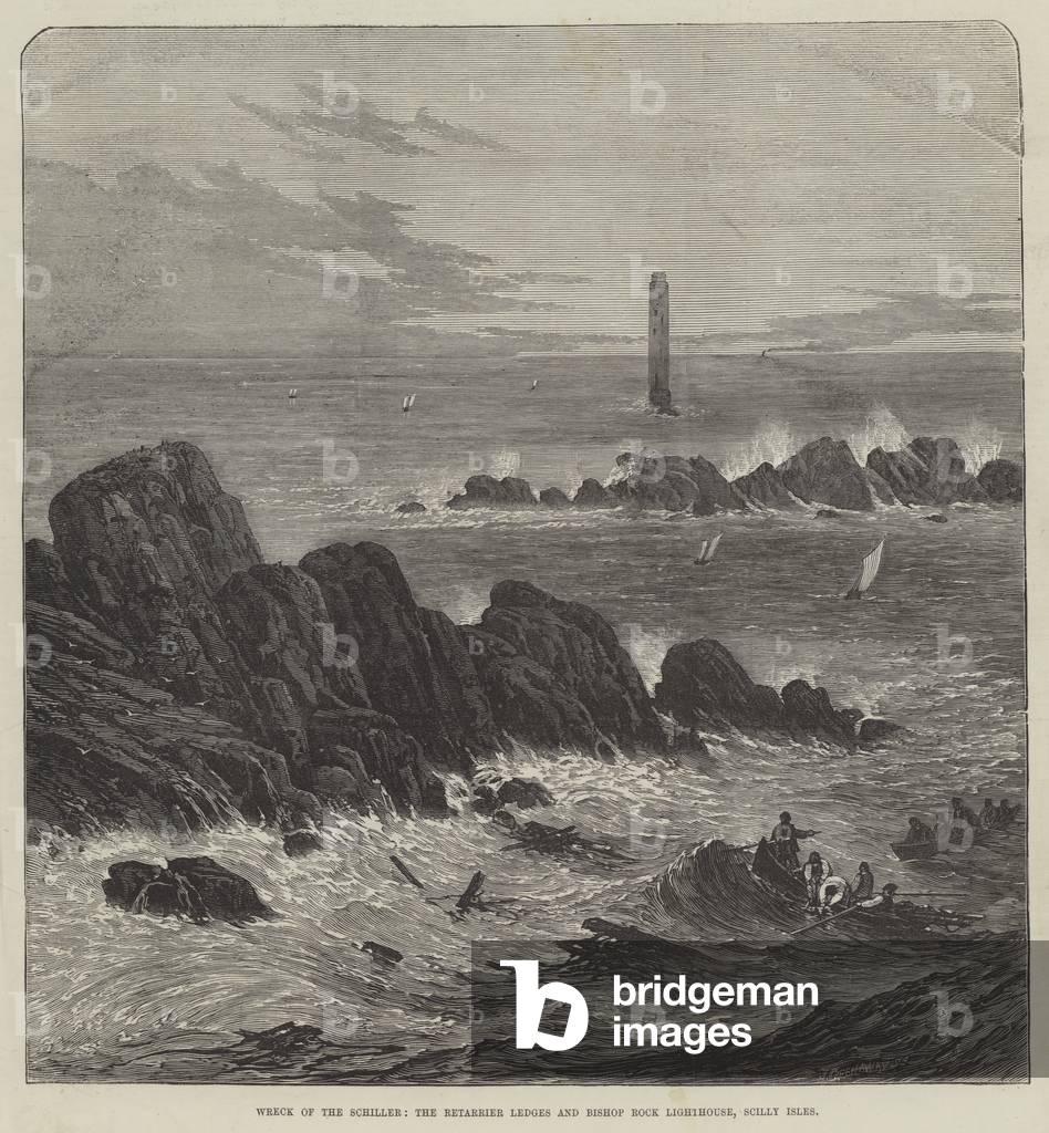 Wreck of the Schiller, the Retarrier Ledges and Bishop Rock Lighthouse, Scilly Isles (engraving)