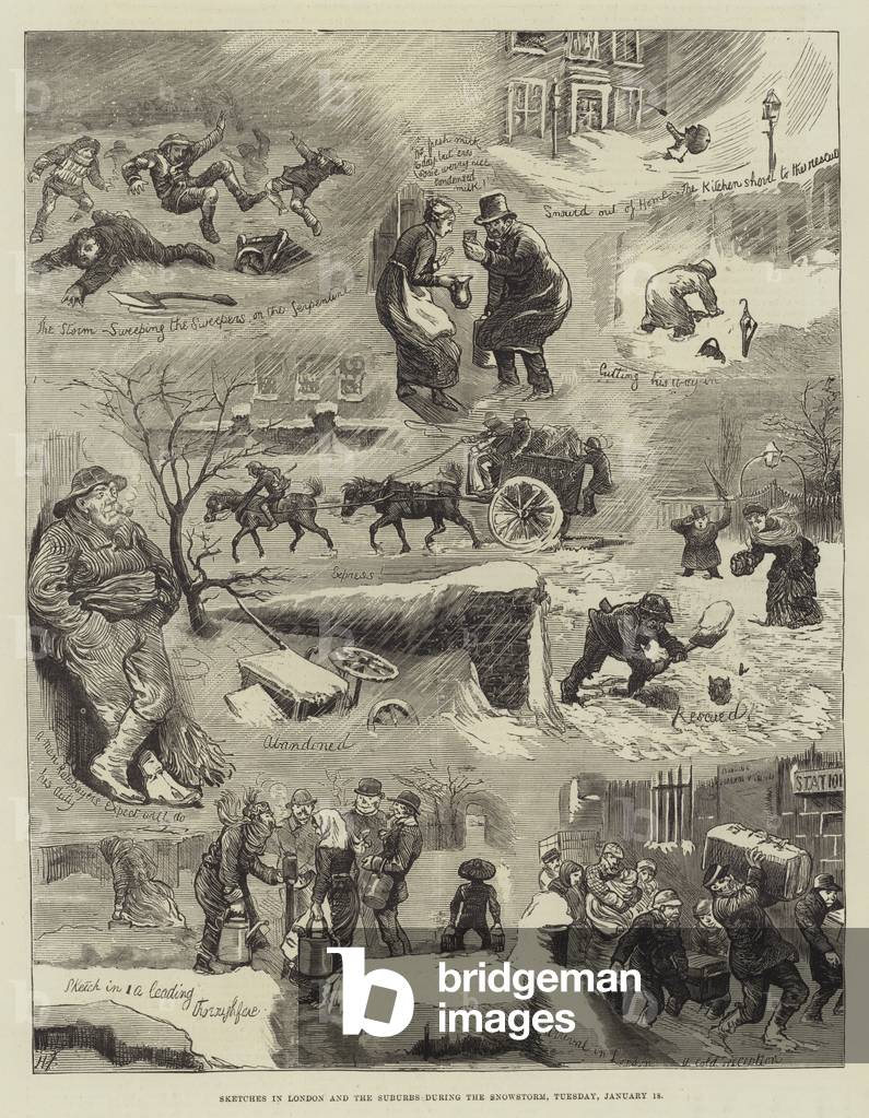 Sketches in London and the Suburbs during the Snowstorm, Tuesday, 18 January (engraving)