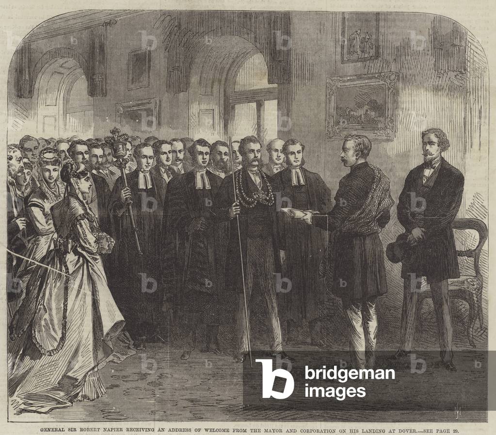 General Sir Robert Napier receiving an Address of Welcome from the Mayor and Corporation on his landing at Dover (engraving)
