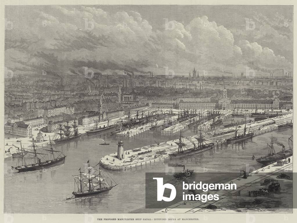 The Proposed Manchester Ship Canal, Intended Docks at Manchester (engraving)