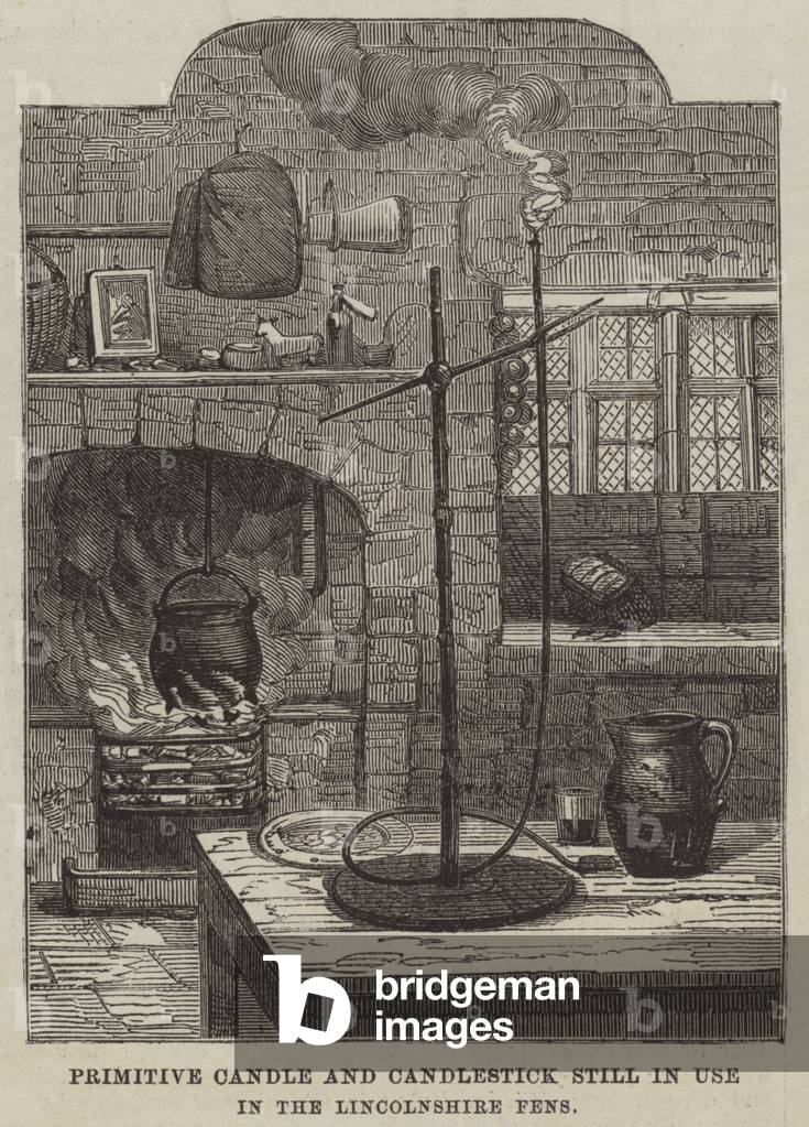 Primitive Candle and Candlestick still in use in the Lincolnshire Fens (engraving)