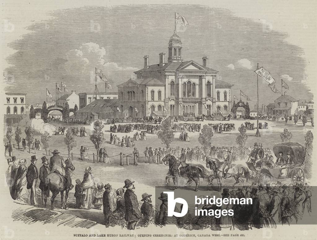 Buffalo and Lake Huron Railway, Opening Ceremonies at Goderich, Canada West (engraving)