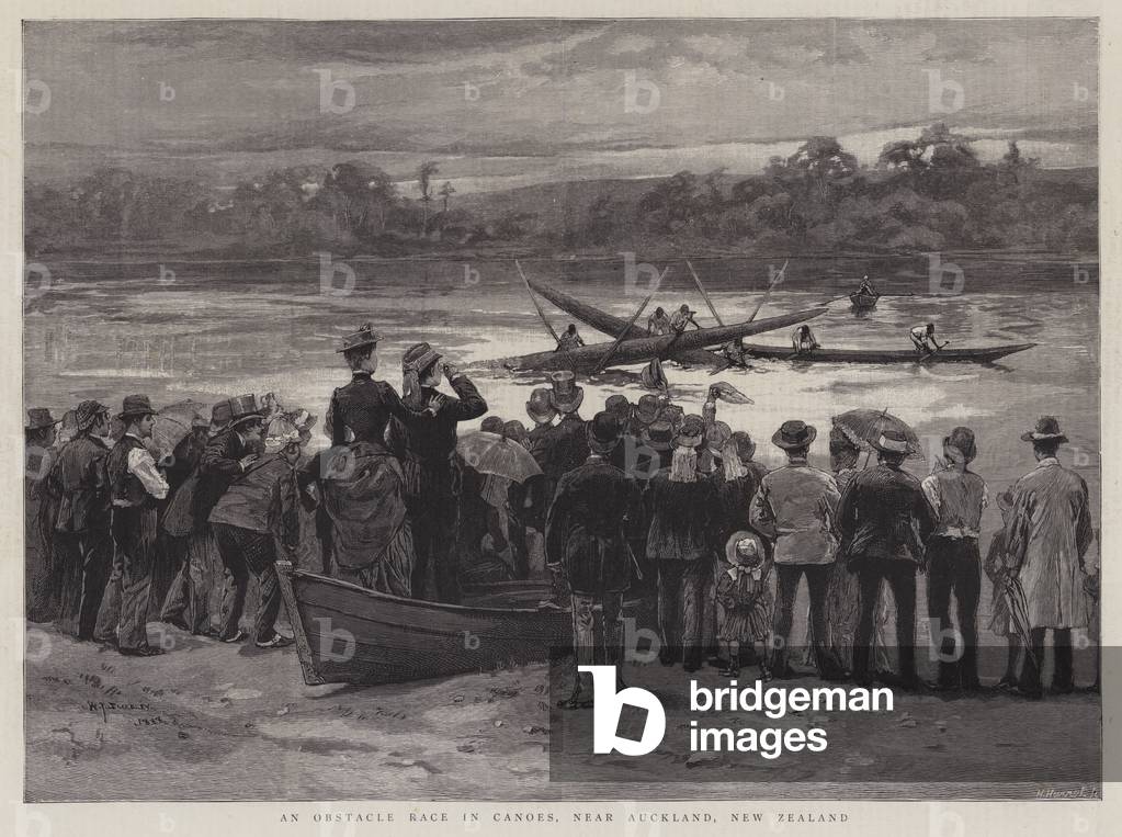 An Obstacle Race in Canoes, near Auckland, New Zealand (engraving)